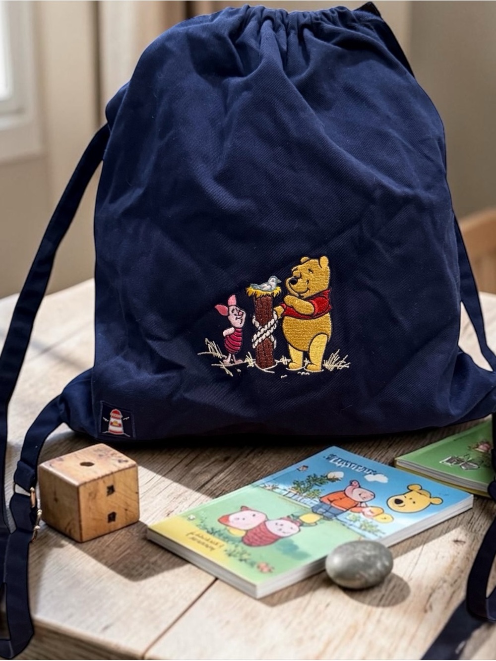 Disney Store Winnie The Pooh Piglet Navy Drawstring Backpack Embroidered Bag